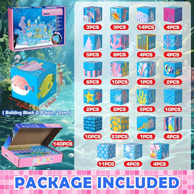 Magnetic Building Blocks Set, 140PCS Light-Up Undersea Kingdom Magnetic Tiles & Magnet Cubes, STEM Montessori Construction Toys for Boys & Girls Age 3 4 5 6 7 8, 2025 Upgraded Christmas Birthday Gift