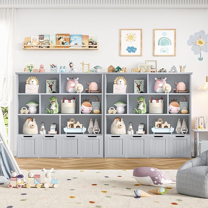 FINETONES Toy Storage Organizer, Kids Bookshelf with 4 Movable Chests and 7 Storage Cubes, Toy Chest Storage Shelf Organizer with Hidden Wheels, Toy Organizers and Toy Storage, Grey