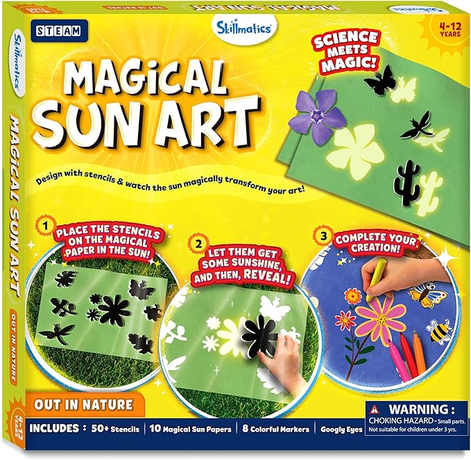 Skillmatics Sun Paper Art Kit - STEM Craft Kit for Kids with Decorative Paper, Stencils & Markers, Create with Sunlight, Mess-Free, Indoor Fun, Gifts for Ages 4, 5, 6, 7, 8, 9, 10, 11, 12