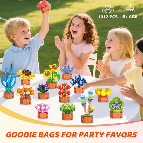 24 Pack Flowers Succulents Party Favors for Kids Building Set - 1012 PCS Botanical Bonsai 3.6MM Mini Building Blocks Toy for Classroom Prizes Easter Basket Stuffers Birthday Gift for Girl Boy Ages 6+