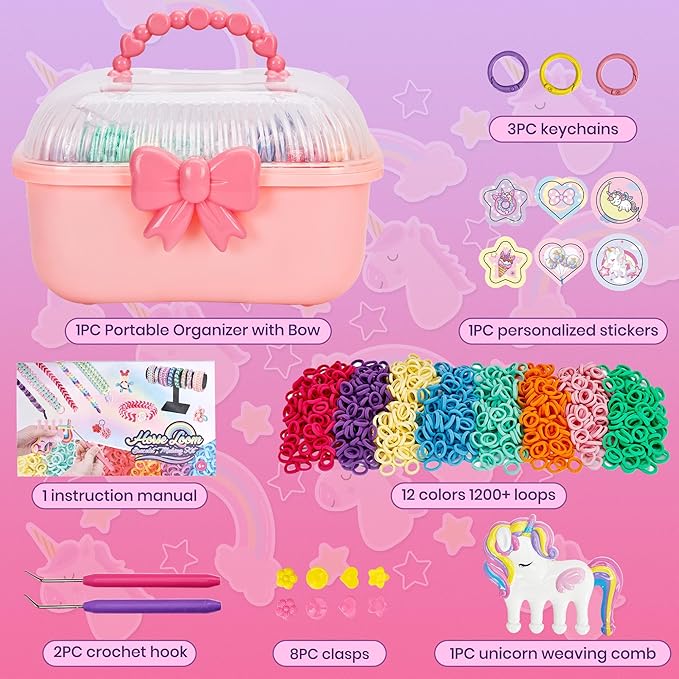 Bracelet Making Kit for Girls Ages 8-12, Weaving Rainbow Bands kit,DIY Toys for Friendship Birthday Gifts for Kids 6 7 9 10 11 13 Year Old, 1200+ Elastic Cloth Rubber Band Fabric Loops
