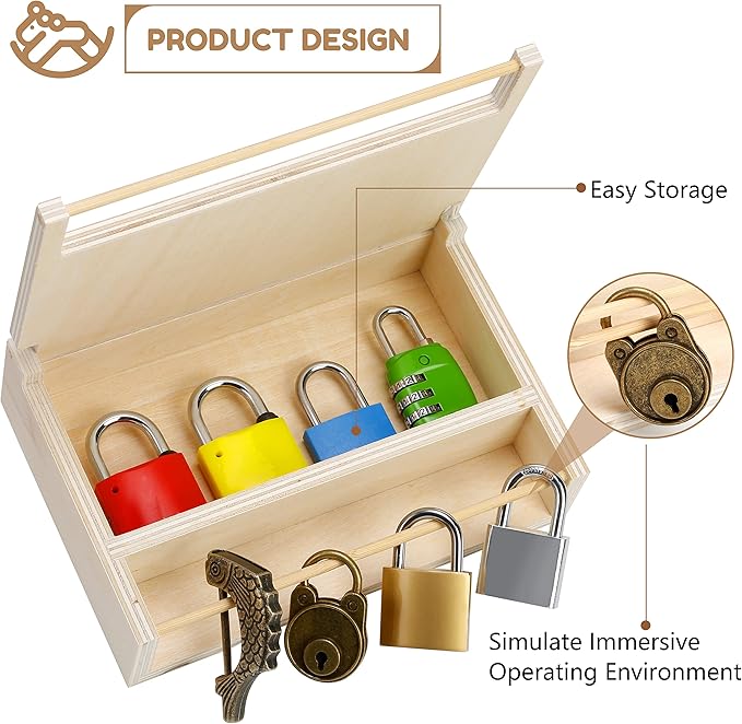 Woodtoe 8 PCS Montessori Lock and Key Toy, Montessori Toys for 3 4 5 Year Old, Kids Tool Set, Montessori Materials Preschool Learning Sensory Toy, Fine Motor Skills, STEM Toys for Toddlers Kids