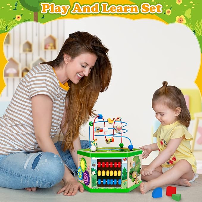 Wooden Activity Cube for 12-18 Month, 1 Year old Boys & Girls, 7-in-1 STEM Montessori Early Developmental Learning Toys for Kids Aged 1-2, Ideal 1st Birthday Gift Toys for Baby, Toddlers (Pink)
