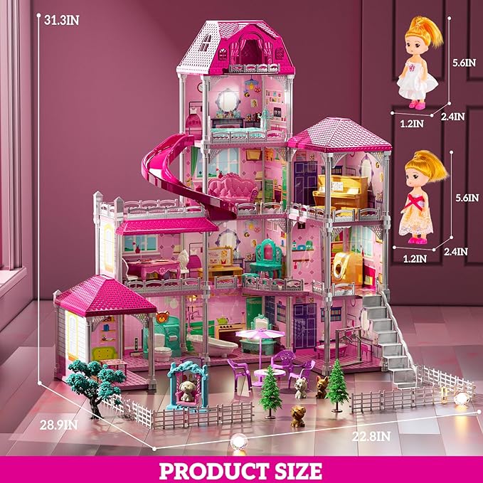 Villa Playset for Girls Ages 3-7, 4-Storey House with 10 Rooms, 2 Dolls, Furniture and Accessories, Indoor Playset Girls Toys for Ages 6-8, Pretend Toddler Toys, Birthday Gifts for Kids 4-8