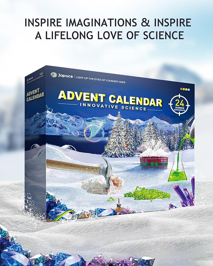 Japace Science Advent Calendar 2025 for Girls Boys, Christmas Gifts for Kids Age 4-6-8-12, Science Kits with 24 Cool Experiments, Christmas Countdown Calendar, STEM Projects for Kids Age 8-12