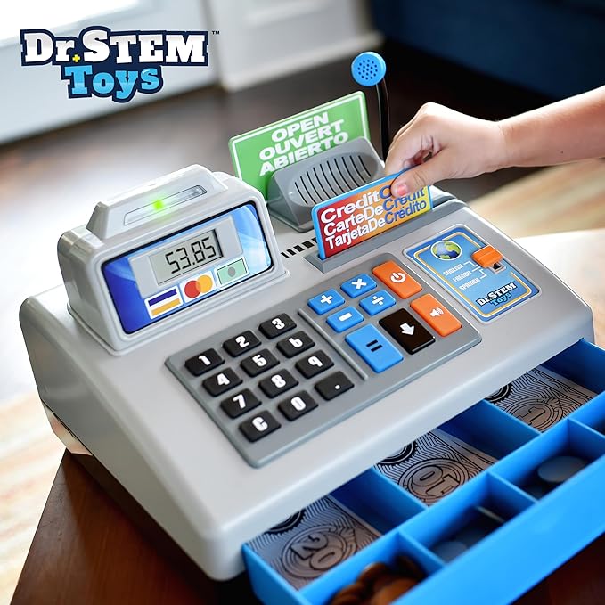 Dr. STEM Toys | Talking Toy Cash Register | STEM Learning 69 Piece Pretend Store with 3 Languages, Paging Microphone, Credit Card, Bank Card, Play Money and Banking for Kids (Silver)