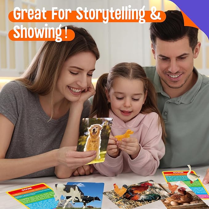 SpriteGru 12 PCS Farm Animal Figurines with 12 Introducing Flashcards, Realistic Farm Animals Playset Montessori Toys Science Educational Matching Game for Homeschool Preschool Toddler Kids