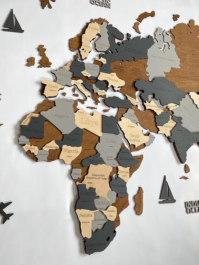 Wooden World Map 3D Art Large Wall Decor - Size (M, L, XL) Any Occasion Gift Idea - Wall Art For Home, Kitchen or Office (XL, SKY)