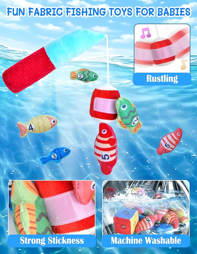 Montessori Toys for 1 Year Old, Cloth Fishing Game with Stacking Cups 24 Pcs for Toddlers 1 2 3, Sensory Toys for Kids Baby Shower Birthday Easter Gifts for 6-12 Months Girls Boys