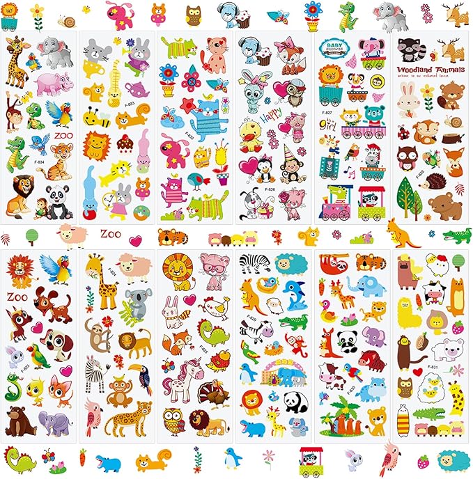 36 Sheets Animal Stickers for Kids - 900+ 3D Puffy Stickers Jungle & Farm Theme | Lion, Panda, Elephant, Giraffe | Reusable, Waterproof | Crafts, Scrapbooking, Party Favors
