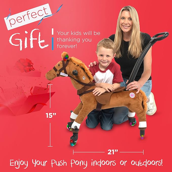 Power Pony Ride On Toy for 2+ Kids - Power Ponies Push Pull Kids Ride On Horse for Toddlers with A Removable Parent-Controlled Push Handle for Easy Rides, Brown, Champ