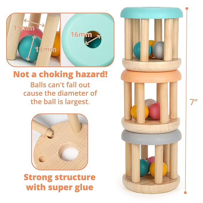 DUCKBOXX XX Montessori Infant Educational Toys, Natural Wood Rolling Rattle Toy, Early Learning Toy for Developing Fine Motor Skills and Color Recognition, for Ages 0m–2yrs (Burlywood Base - 3pcs)