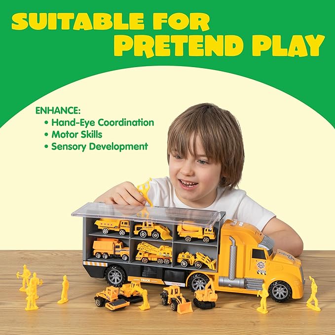 JOYIN 25 in 1 Kids Construction Truck Toy Set, 24Pcs Push and Go Cars and Worker Figures, Toddler Play Vehicles with Sounds and Light, Christmas Birthday Gifts Toys for 3 4 5 6 7 Years Old Grandkids