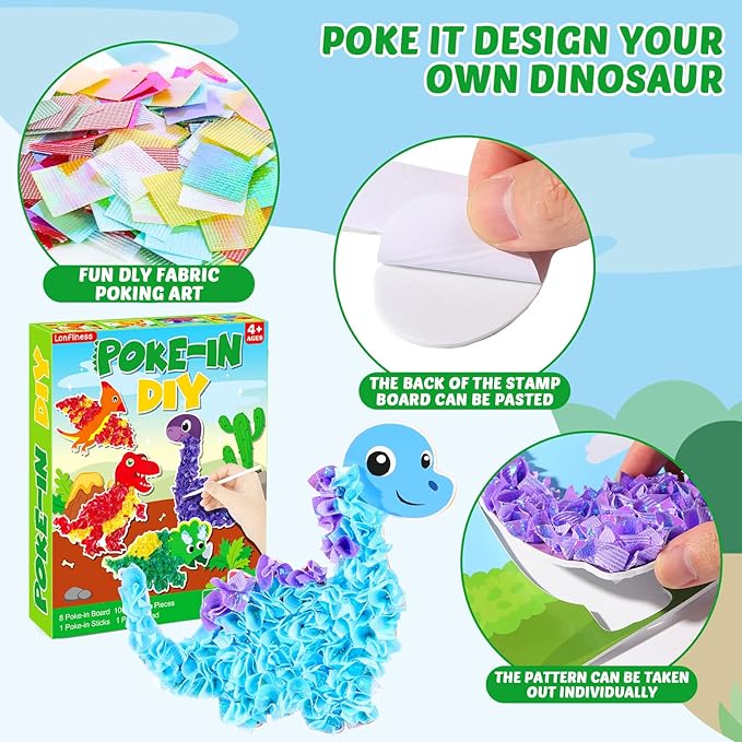 8PCS Poke-in Craft and Art Kit for Kids Dinosaur Theme No-Mess Fabric Sewing Art for Girls Boys 4-12 Fabric Puzzle Puncture Painting Dino Toy Gifts for Creative Activity Game Birthday Party