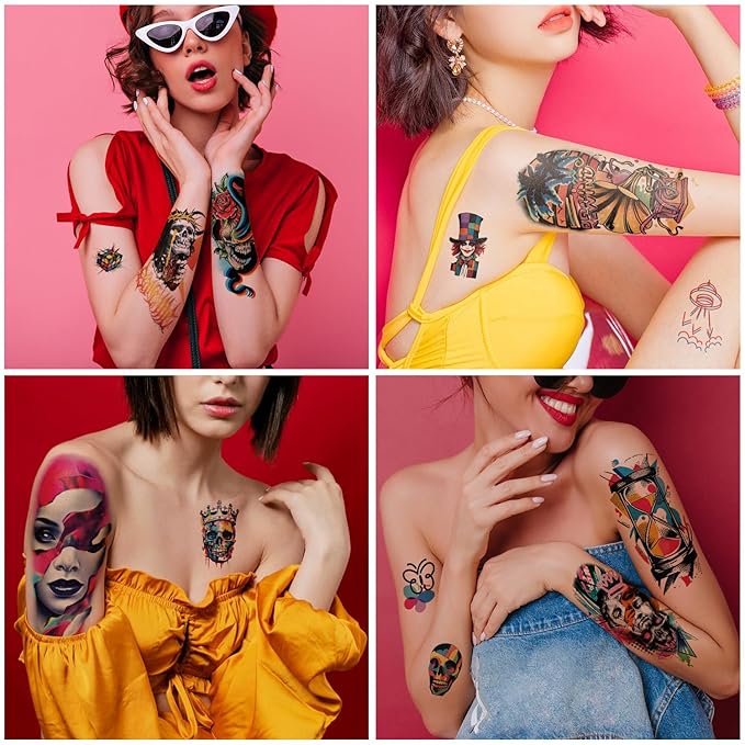 47 PCS Pop Art Hippie Temporary Tattoos Adult Kids 17 PCS Large Half Arm Fake Tattoos, 30 PCS Waterproof Tiny Stickers Gifts Party Favor Supplies