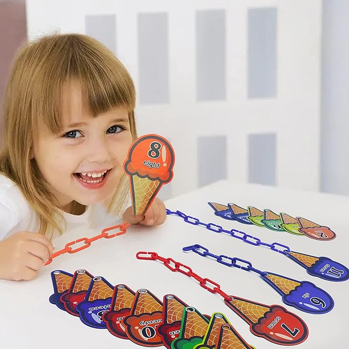 Chain Link Math Manipulatives - 240 C Clips Plastic Chain Links & 20 Ice Cream Cards for Counting & Linked Math Game - Learning Resources for Kindergarten Sensory Bin Math Links Counting Toy