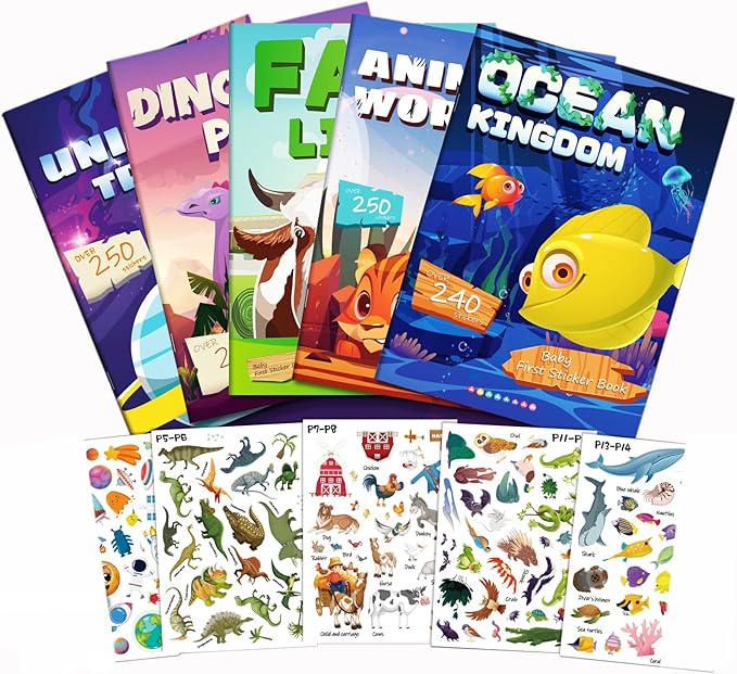 Sticker Book for Kids, Set of 5, 1310+ Dinosaure Animal Stickers & 40 Scenes Reusable Activity Sheet, Seek and Find Coloring Pad, for Boys Girls Toddlers Ages 2-4 4-8 Years Old 3-5 6-7