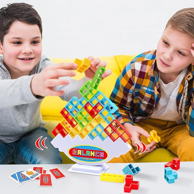 FAVANTIME 48pcs Stacking Game Tetra Balance Tower Stacking Blocks Board Games for 1-4 Players Family Games for Kids, Adults, Party, Travel Team Building Blocks Toy