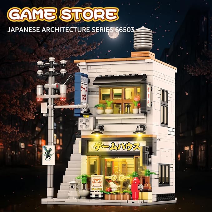 Reobrix Japanese Game Store Building Blocks 66503, Creative Japanese Toys Model Set, 2 in 1 Street View House with Lighting, Ideal Collectible Gift Choice for Adults 14+