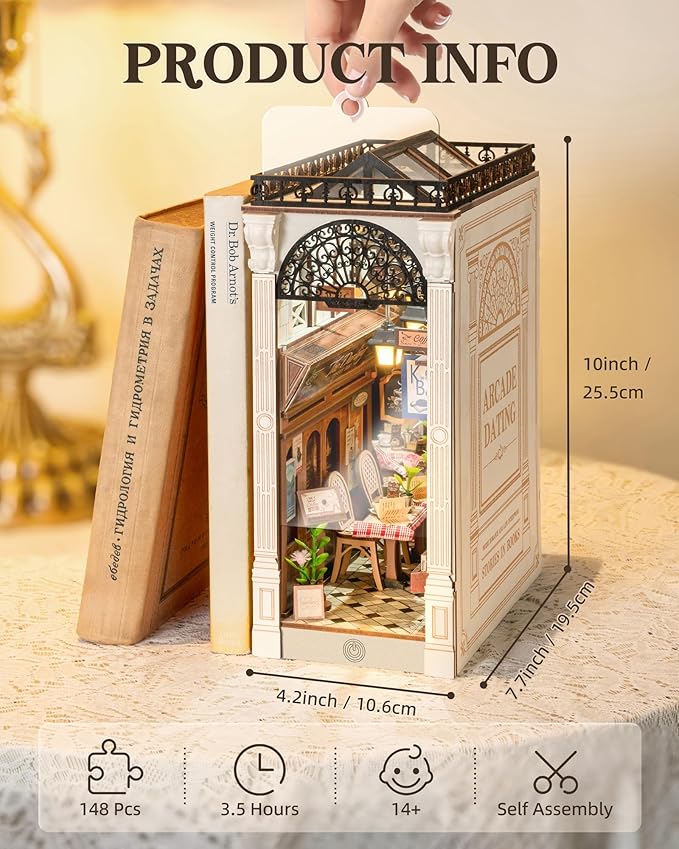 ROBOTIME DIY Book Nook Kits Dollhouse Room Bookstore Miniature House with LED Light 3D Wooden Puzzles for Adults Booknook Bookshelf Insert Decor Diorama Kit Unique Gifts（Arcade Dating）