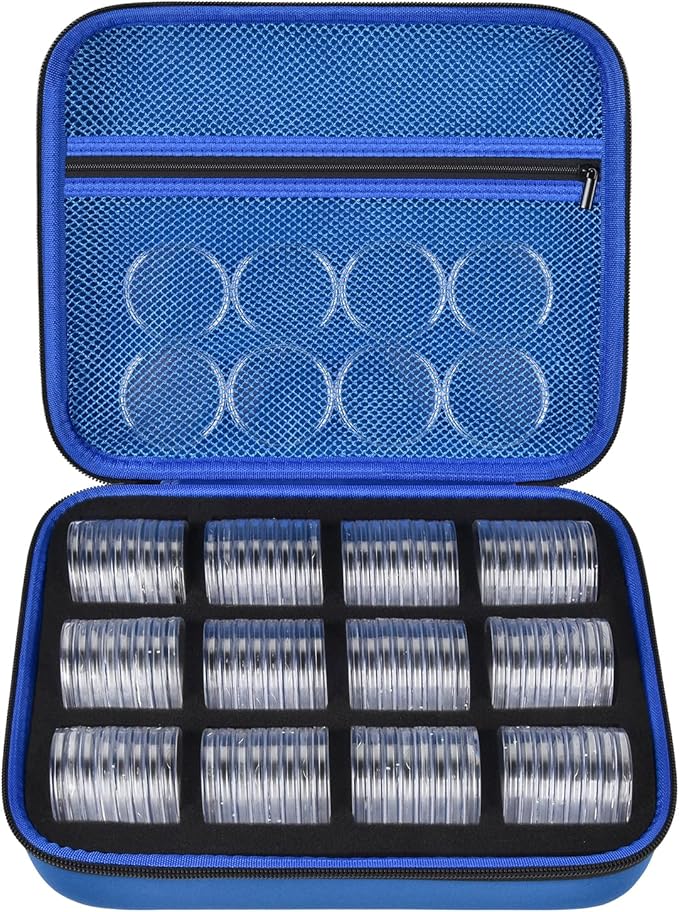 PAIYULE 96 Pieces 46mm Coin Capsules, with Foam Gasket and Plastic Storage Organizer Box, 6 Sizes (20/25/27/30/38/46mm) Coins Collector Case Holder for Coin Collection Supplies (Blue)