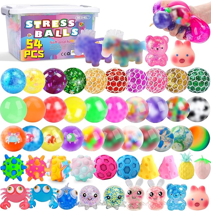 54 Pack Stress Balls, Squishy Balls, Squeeze Balls for Adults, Stress Relief Balls, Prize Box Stuffers, Party Favors