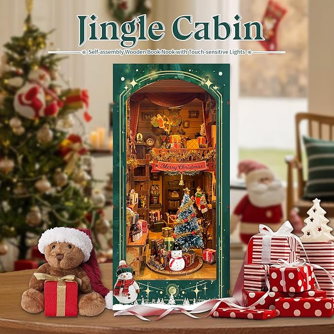 Christmas Book Nook Kit with LED Light - 3D Wooden Puzzles Booknook for Book Shelf Decor - DIY Dollhouse Kit - Book Nooks Decor with Dust Cover Jingle Cabin(SQ-34)