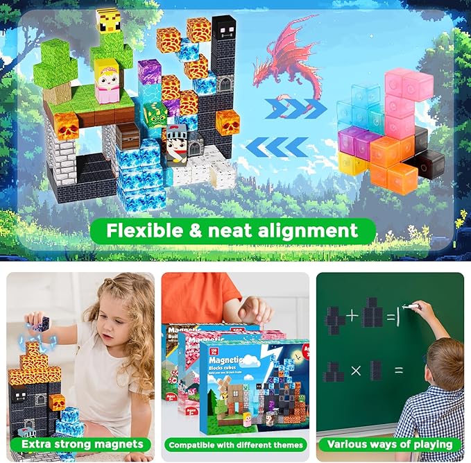 150PCS Magnetic Blocks - Magnet Building Blocks, Stacking Magents Cubes Toys Forest Dark Castle Set, STEM Montessori Sensory Toys for Kids Boys and Girls Ages 3 4 5 6 7 8 9 10 Birthday Gifts