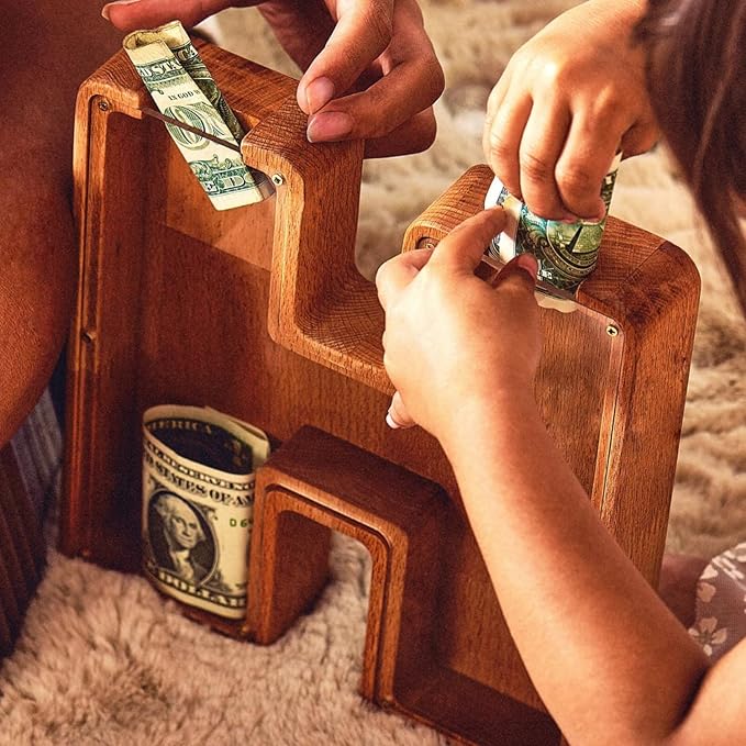 Personalized Wooden Piggy Bank – Custom Letter H Coin Bank in Beech Wood with Clear Acrylic Front, Engraved Name Option, Money Saving Box for Kids and Adults