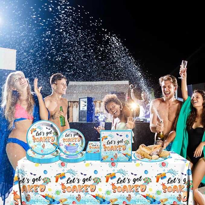 Summer Party Decorations,Pool Party Supplies Tableware Set,Let's Get Soaked Water Gun Pool Party Include Dinner Plates,Napkins,Tablecloth,for Summer Beach Kids' Birthday Hawaiian Decorations