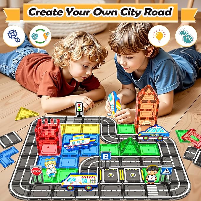 104 PCS Magnetic Tiles Road Set, STEM Construction Toys for Kids Ages 3-5 5-7 4-8, Magnet Building Blocks for Toddler Toys Games, Christmas Birthday Gifts for 3+ Year Old Boys Girls