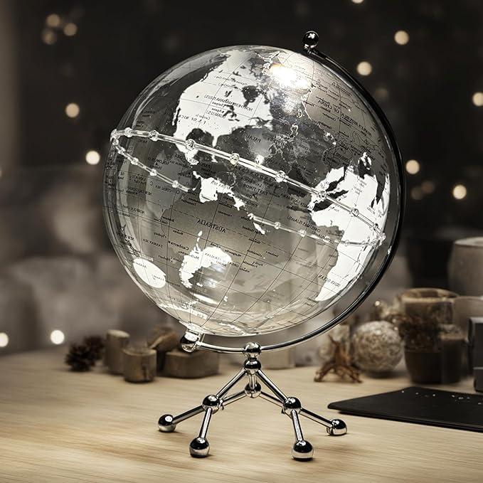 Generic Silver Earth Globe Desk Lamp, Touch Switch, Globe Diam. 25 cm, Warm White Light