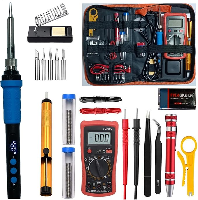 Soldering Iron Kit, LCD digital display, inner-heat, Adjustable Temperature Soldering Iron, Digital Multimeter Kit, Multi Tester, 5pcs Solding Tips (Red)