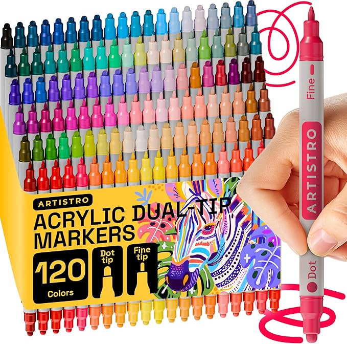 ARTISTRO 120 Acrylic Paint Markers for Rock, Fabric, Wood, Glass, Craft, Decoration - Dual-Tip Paint Pens - Stocking Stuffers, Christmas Gift Idea for Teens, Grandkids, Kids - Art Supplies