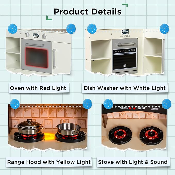 3-Piece Kids Kitchen Playset, Walk-in Wooden Play Kitchen Set for Toddlers, Modular Pretend Play Kitchen w/Light&Sound, Large Corner Kitchen Cooking Toy w/Coffee Capsule, Gift for Girls Boys
