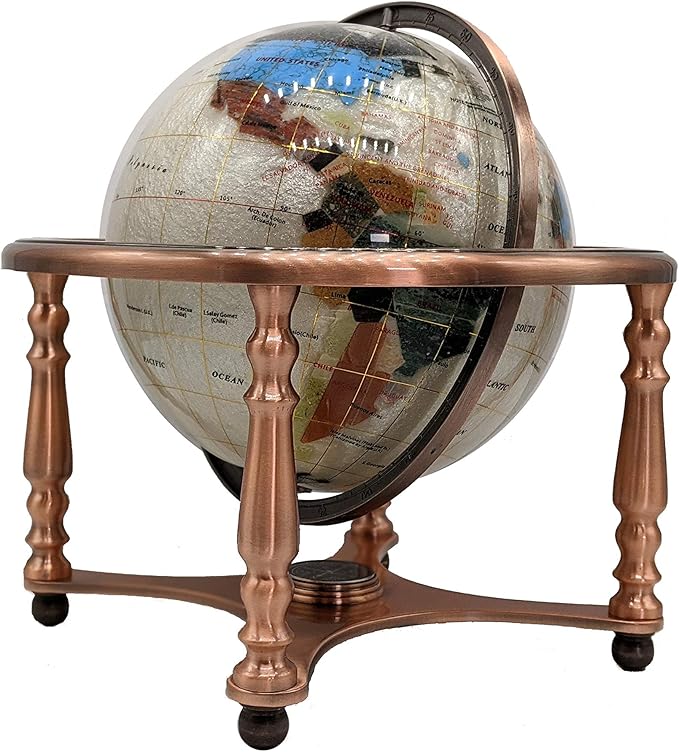Limited Edition! Unique Art Since 1996 Pearl Ocean Table Top Gemstone World Globe with 4 Leg Copper Plated Zinc Alloy Stand (220MM/PEARL OCEAN/4LEG COPPER)