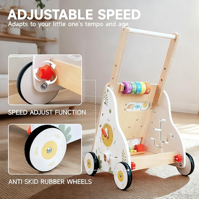 Wooden Baby Walker Push Toy for Infants 1-3 Years Learning to Walk, Adjustable Speed Activity Walker with Montessori Toys, First Birthday Gift for Boys & Girls