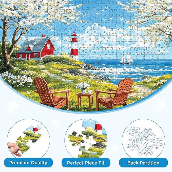500 Pieces Puzzles for Adults, Relaxing Coastal Lighthouse Jigsaw Puzzles, Premium Seaside Scenic Landscape Wall Art for Home Decor, Challenging Gift for Women & Men 20.5x15 in