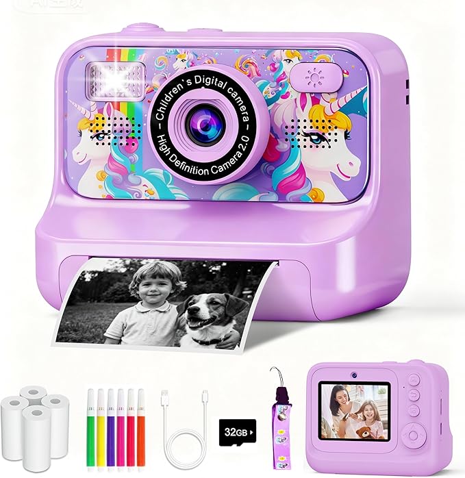 Kids Camera, Upgrade Kids Camera Instant Print, Front Rear Dual Selfie Digital CAM with 1080P Videos, Portable Travel Toy with Games and Music, Christmas Birthday Gift for Boys, Girls and Teens