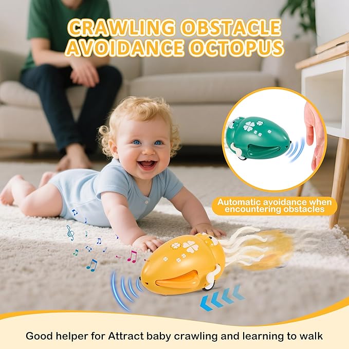 Electric Dancing Octopus Toy with LED Lights and Music, Automatic Avoidance, USB Rechargeable Crawling Belly Time Toy, Suitable for Children 3 Years and Older Birthday Gift (Yellow)