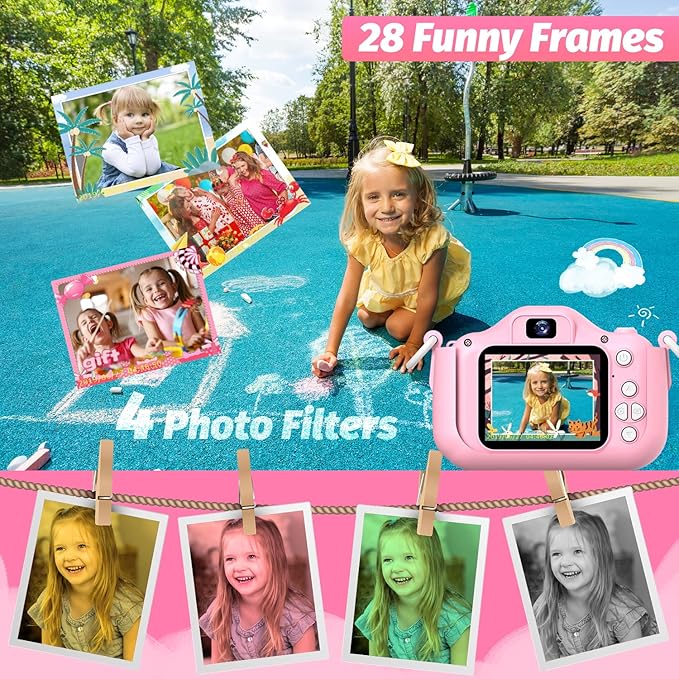 Goopow Kids Digital Camera, Pink Purple, 32GB MicroSD Card Included, Shockproof and Durable for Girls Ages 3-10