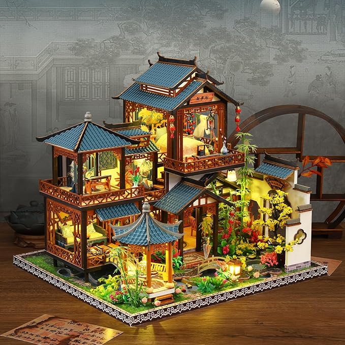 DIY Miniature House Kit: Villa Tiny House Kit with LED Light - DIY Wooden Dollhouse Miniature Kit for Adults Teen, Wooden Crafts Vintage Courtyard Doll House Kit, Great Handmade Crafts Gift