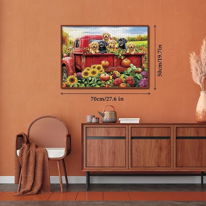 Dog Truck Flower Puzzle 1000 Pieces for Adults, Farm Fall Autumn Sunflower Jigsaw Puzzle, Animal Country Vintage Funny Puzzles