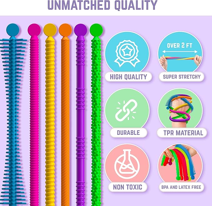 BUNMO Stretchy Strings - Stimulating & Fun Fidget Toys for Kids - Hours of Fun - Non-Mouthable Toy 3+ - Super Sensory 6 Pack