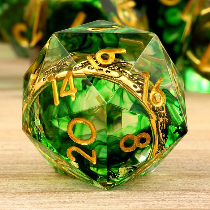 DNDND Magic Lord Rings DND Dice Set with Gift Case 7-Piece Resin Sharp D&D Dice Set with Golden Rings for RPG Dungeons & Dragons Tabletop Game (Green)