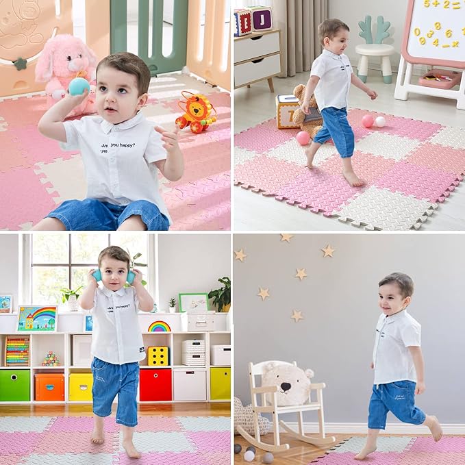 16 Tiles Foam Play Mat for Baby, Soft & Safe EVA Foam Mats for Floor, Square Baby Play Mat, Solid Colored Kids Foam Puzzle Floor Mat, 47x47 Play Mat for Playpen(White/Pink/Loli Pink)