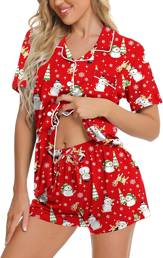 SWOMOG Womens Button Down Pajamas Set Short Sleeve Sleepwear Bride Soft Pj Lounge Sets XS-3XL