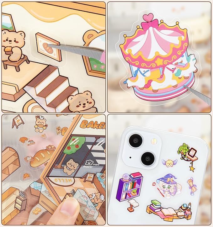 DIY 3D House Stickers, 4 Sets Fun DIY Sticker Scene Make Your Own Mini House Cute Cartoon Animal Scene Stickers for Kids Adult Sticker Art Relief Stress Pass The Time