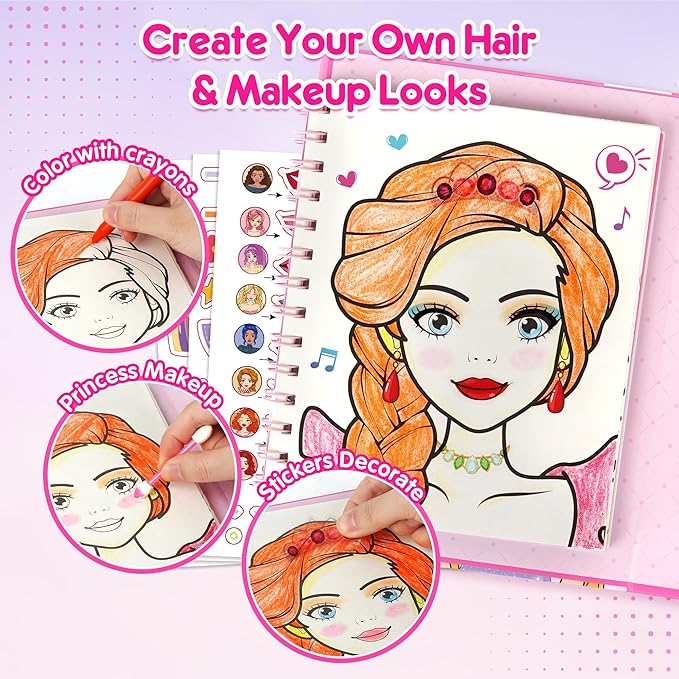 Mocoosy Makeup Craft Kit for Girls Ages 6-8, Pretend Makeup Coloring Activity Book with Stickers, Mess-Free Dress-Up Art and Crafts, Travel Game Road Trip Toy Birthday Gift for 4 7 9 10 12 Years Old