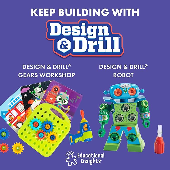 Educational Insights Design & Drill Robot Workshop - Construction Toys & Tools for Kids, Robot Toy Building Sets, Kids' Tool Set with Real Electric Drill Toy, Take Apart STEM Set, Gifts for Ages 3+